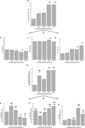 Leukometry and differential leukogram with the percentage of circulating neutrophils, lymphocytes and monocytes. A, macrophage study. B, neutrophil study. The results are expressed as the average number of leukocytes and the percentage of cells ± standard error of the average. ∗, p ≤ 0.05 for exercise groups submitted to low- and moderate-intensity exercise (unadapted low intensity = EXAGL; moderate intensity = EXAGM and corresponding preadapted groups, EXADL and EXADM) as compared to the control group (C); # p ≤ 0.05 for comparisons among the groups; ## p ≤ 0.05 for comparisons made between the macrophage and neutrophil study groups.