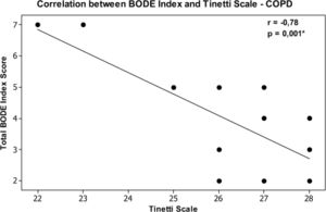 Correlation between BODE Index and Tinetti Scale in the COPD group (*p<0.05).