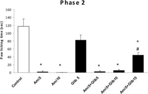 The antinociceptive effect of i.p. administration of amitriptyline and amitriptyline plus glibenclamide on licking behavior during phase 2 of formalin test. Bars are mean ± SEM for six animals. * means significantly different from control group (p<0.001) and # means significantly different from Ami5 group (p<0.05).