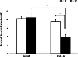 Serum nitrite concentration in control and diabetic rats before and after the induction of diabetes. ∗p<0.05.
