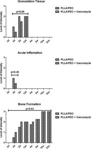 Histopathological (semi-quantitative) analysis: 0 = absent, 1 = light, 2 = moderate and 3 = intense. The periods that showed no values are equivalent to 0 = absent.