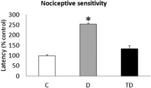 Nociceptive sensitivity: the latency to tail deflection on the tail-flick apparatus for the C, D and TD groups. ANOVA followed by Bonferroni's post hoc test. ∗corresponds to p<0.001 compared with the C and TD groups.