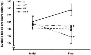 Effect of 10-week aerobic exercise training on systolic blood pressure. H (n = 5): sedentary spontaneously hypertensive rats; H-T (n = 5): trained spontaneously hypertensive rats; MS (n = 5): sedentary metabolic syndrome rats; MS-T (n = 5): trained metabolic syndrome rats. Repeated measures ANOVA: p(group)<0.001; p(time) = 0.344; p(interaction)<0.001. Bonferroni's post-hoc test group: ∗ p = 0.010 vs. H; † p<0.001 vs. MS.