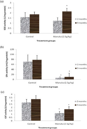 A) Liver SOD activity, B) GPx activity and C) CAT activity of the young (2 months) and middle-aged (9 months) rats with manuka honey supplementation. The data are expressed as the means ± SD for 6 animals. * indicates a significant difference compared with the control group (p<0.05).