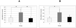 mRNA expression levels of IL1β (A) and TNFα (B) in the hippocampus of rats in the pilocarpine model of epilepsy as evaluated with a real-time PCR assay. All data have been normalized for the levels of GAPDH expression. Data are given as the mean±S.E.M. (n = 5 per group). * p<0.05.