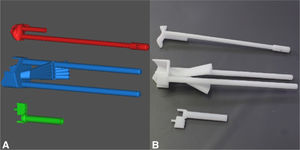 A diagram showing the digital and realistic templates. A Digital 3D models of Templates A (red), B (green) and C (blue). B Realistic 3D models of the same templates.