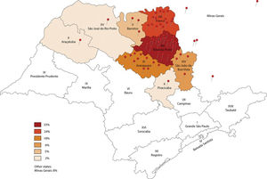 Origin of the patients waiting for spinal deformity surgical treatment in December 2013. The map represents the health care regional divisions of Sao Paulo State, and each pin represents one patient.