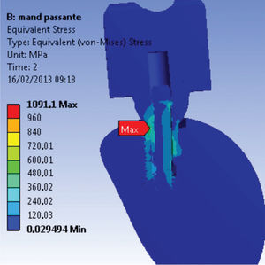 Von Mises stress results showing the point of maximum stress for M2. Von Mises stress results showing the point of maximum stress for M2.