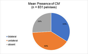 Presence of Corona Mortis. CM=Corona Mortis; n=total number of pelvises analyzed (7,11,12,18,20,21,27,31,33,39).