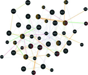 Interaction network of mutated genes in the histological types of pure sarcomas (ULMS - ESS) prepared by the Cytoscape 3.7.0 platform. The network shows patterns of predicted interaction (orange); physical interactions (red); co-expression (violet); shared proteins domains (yellow); co-localization (blue), and genetic interaction (green). Red-labeled genes have a function associated with the cellular response to hypoxia and yellow-labeled genes have a function associated with the cellular response to the peptide hormone stimulus. The genes that were inserted to perform the analysis are shown with cross-hatched circles of a uniform size. The relevant genes are shown with solid circles whose size is proportional to the number of interactions. The reported link weights are indicated visually by line thickness.