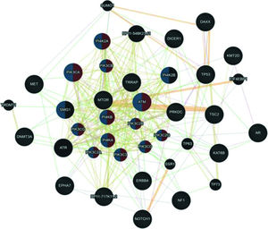Interaction network of mutated genes in mixed tumors (UCS - ADS) prepared by the Cytoscape 3.7.0 platform. The network shows patterns of predicted interaction (orange); physical interactions (red); co-expression (violet); shared proteins domains (yellow); co-localization (blue) and genetic interaction (green). Red-labeled genes have a function associated with phosphatidylinositol kinase activity and blue-labeled genes have a function associated with the glycerophospholipid metabolic process. The genes that were inserted to perform the analysis are shown with cross-hatched circles of a uniform size. The relevant genes are shown with solid circles whose size is proportional to the number of interactions. The reported link weights are indicated visually by line thickness.