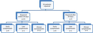 Flowchart of patients who underwent aneurysm repair by symptom status.