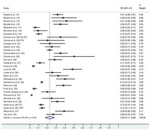 Forest graph showing the results of the meta-analysis of the incidence rate of CNS metastases in patients with HER2-positive MBC treated with trastuzumab.