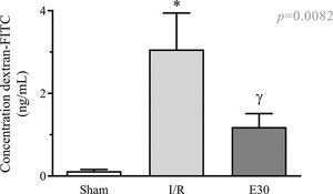 The effect of reperfusion in intestinal I/R on intestinal mucosal permeability. In rats with I/R injury, the superior mesenteric artery was clamped (45 min), followed by intestinal reperfusion (2h). Estradiol (180 µg/kg, i.v.) was administered 30 min after the induction of intestinal ischemia (E30). Sham-operated rats were used as controls. Data are expressed as the mean±standard error of the mean (SEM) from 6 animals. *p<0.0001 compared with sham; γp=0.0036 versus intestinal I/R. I/R, ischemia and reperfusion.