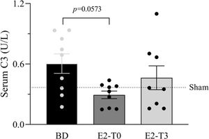 Serum quantification of complement system C3 component. Female rats were separated in groups: sham animals as control, BD animals subjected to brain death (BD), E2-T0 animals subjected to BD and treated with 17β-estradiol (E2) starting after BD confirmation, and E2-T3 animals subjected to BD and treated with E2 3h after BD confirmation. Data are expressed as mean±SEM from 8-9 animals. Kruskal-Wallis p=0.0891.
