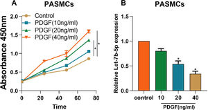 PDGF induced the abnormal proliferation of PASMCs and the downregulation of let-7b-5p. (A) The proliferation of PASMCs with different concentrations of PDGF detected by CCK-8 assay. (B) The expression of let-7b-5p in PASMCs with different concentrations of PDGF determined by RT-qPCR. Note: *p < 0.05.