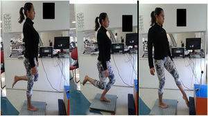 Posturography ‒ A e B: squat (knee flexion); C, kick movement.