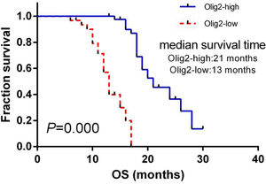 Kaplan-Meier analysis showed the high expression of OLIG2 had favorable OS for those cGBM patients.