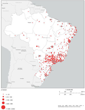 Geographic distribution of responses (n = 6,693). This figure represents the Brazilian territory. and the circles in red are related to the size of the sample from each highlighted city. Although all states of the Brazilian federation were represented. most responses were originated in the Southeast region. (For interpretation of the references to color in this figure legend, the reader is referred to the web version of this article.)