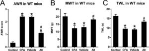 Effects of A8 administration in the CFA-induced WT mouse. (A) Post-treatment AWR figures in WT mice. (B) MWT subsequent to DEX treatment in WT mice. (C, F) TWL value following DEX treatment in WT mice. The results of the three separate tests were presented as mean ± SD. n = 8 mice in each group. #p < 0.05, compared to the CFA group; *p < 0.05, compared to control group.