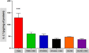 Measurements of IL-17 in the intestines of treated and untreated mice subjected or not subjected to HBO therapy. The values represent the mean ± SEM; *** = p ≤ 0.0001 TNBS vs. TNBS + HBO, ETHANOL, ETHANOL + HBO, SALINE and SALINE + HBO (n = 10 animals/group).
