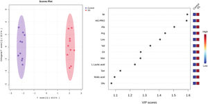 Graphic representation of the variation within and between groups, regarding the variables of the OPLS-DA analysis and the VIP scores of predictive components in the composition of the discriminant model between SS and control groups in the metabolomic analysis of saliva.