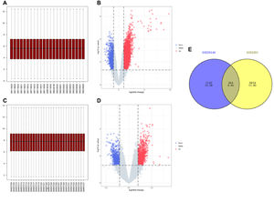 Data preprocessing and identification of DEGs. (A) Boxplot of transcriptome data of GSE5281. (B) Volcano plot of DEGs in GSE5281. The cut-off criteria were |log2Fc|>1 and p < 0.05. The red dots represent the up-regulated genes, and the blue dots denote the down-regulated genes. The grey dots indicate the genes with |log2Fc|<1 and/or p > 0.05. (C) Boxplot of transcriptome data of GSE28146. (D) Volcano plot of DEGs in GSE5281. (E) Venn diagram showing the numbers of overlapped DEGs between GSE5281 and GSE28146.