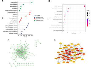Functional enrichment analysis and PPI network. (A) GO functional analysis showing enrichment of DEGs. (B) KEGG pathway enrichment analysis of DEGs. (C) PPI network of DEGs were analyzed using Cytoscape software. (D) PPI network for the top 50 genes.