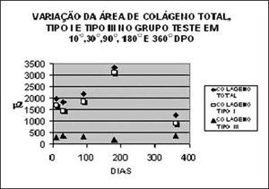 Variation of mean area of total, Type I and Type III collagen in postoperative period (n=3 for each period of observation).