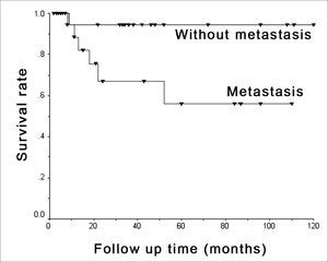 Metastasis and survival - Kaplan-Meier's chart showing death occurrence stratified by metastasis presence or absence.