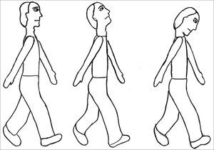 Walking in a straight line while gazing forward; walking in a straight line while looking upwards and downwards.