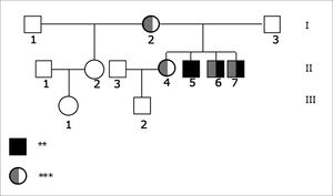 Family inheritance patterns showing genetic test results. - Legend: ** Hearing loss *** Heterozygote 35delG N - Normal allele NR - Not realized.