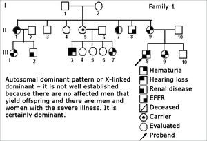 Family 1 Inheritance pattern - Probably autosomal dominant, with variable expression. Men and women are equally affected.