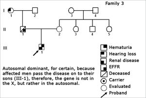Family 3 Inheritance pattern - Autosomal dominant, because the affected man (II-1) passes on the disease for his son (III-1), therefore the gene is not in the X, but rather in a chromosome.