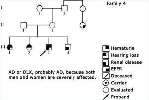 Family 4 Inheritance pattern - Probably AD. Cases III-1, III-3 and III-4 are very much diseased. DLX women have milder involvement than men.
