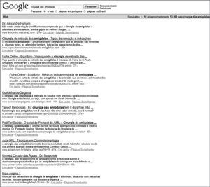 Top search results on GOOGLE for keyword 'tonsil surgery' (cirurgia das amígdalas).