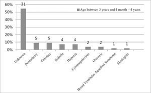 Implanted patient's etiology distribution in the age range between 3 years and 1 month and 4 years.