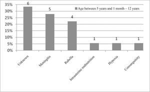 Implanted patient's etiology distribution in the age range between 5 years and 1 month and 12 years.