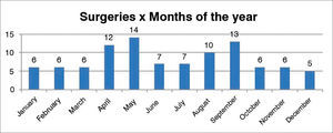 Distribution of surgical procedures per month.