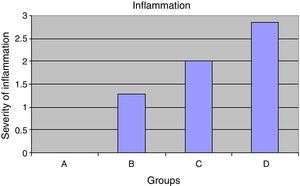 A, B, C, D groups relationship between the severity of inflammation. 0, no inflammation; 1, mild; 2, moderate; 3, severe.
