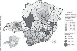 Spatial distribution according to micro- and macro-region of the “Assessment and Diagnosis” procedure per 1000 inhabitants/year and frequency.