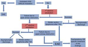 Flowchart indicating preoperative endoscopic airway evaluation (EAE) in the intubated child.