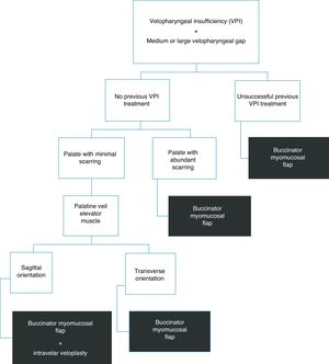 Therapeutic algorithm for the treatment of velopharyngeal insufficiency of patients submitted to cleft palate correction surgery, without palatine fistula and with medium or large velopharyngeal gap.