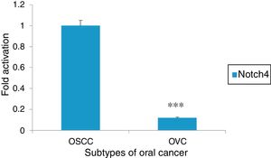 RT-PCR analysis of Notch4 in different subtypes of oral cancer (OSCC and OVC) showing a downregulation of Notch4 in OVC samples. Densitometric analysis was performed using ImageJ 1.47v software and the values were normalized to β Actin (***p<0.001, Student's t-test).