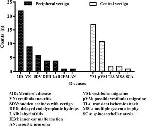 The diagnosis of patients in the peripheral vertigo group and central vertigo group.