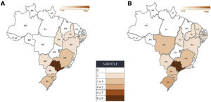 Geographic distribution of the enabled Lip and Palate Malformation Treatment Centers, by federative unit, with 22 in 2008 (A) and with 30 in 2020 (B).