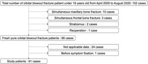 Patient flow diagram. Of 102 patients, 16 were excluded because of concomitant conditions. Of 86 patients with pure orbital blowout fractures, 25 were excluded because of insufficient data or symptoms that have not yet stabilized.