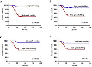 The effect of tumor budding on the survival of patients with LSCC illustrated by Kaplan-Meier curves: (A) disease-free survival; (B) overall survival; (C) disease-free survival in patients with T1-2N0 LSCC; (D) overall survival in patients with T1-2N0 LSCC.