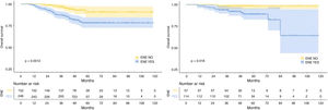 Kaplan-Meier survival curves for rENE of the training cohort (A) and validation cohort (B).
