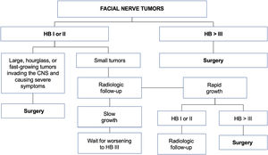 Proposed algorithm for follow-up and treatment of intrinsic facial nerve tumors. Adapted from Prasad et al.